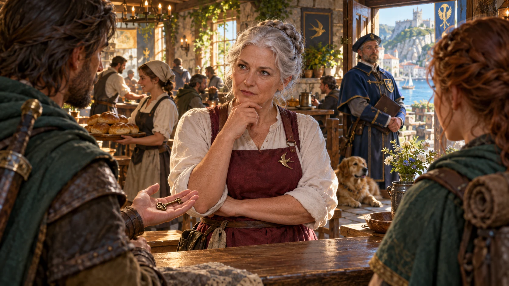 Fantasy illustration of an innkeeper considering an offered key while travellers wait at an inn counter