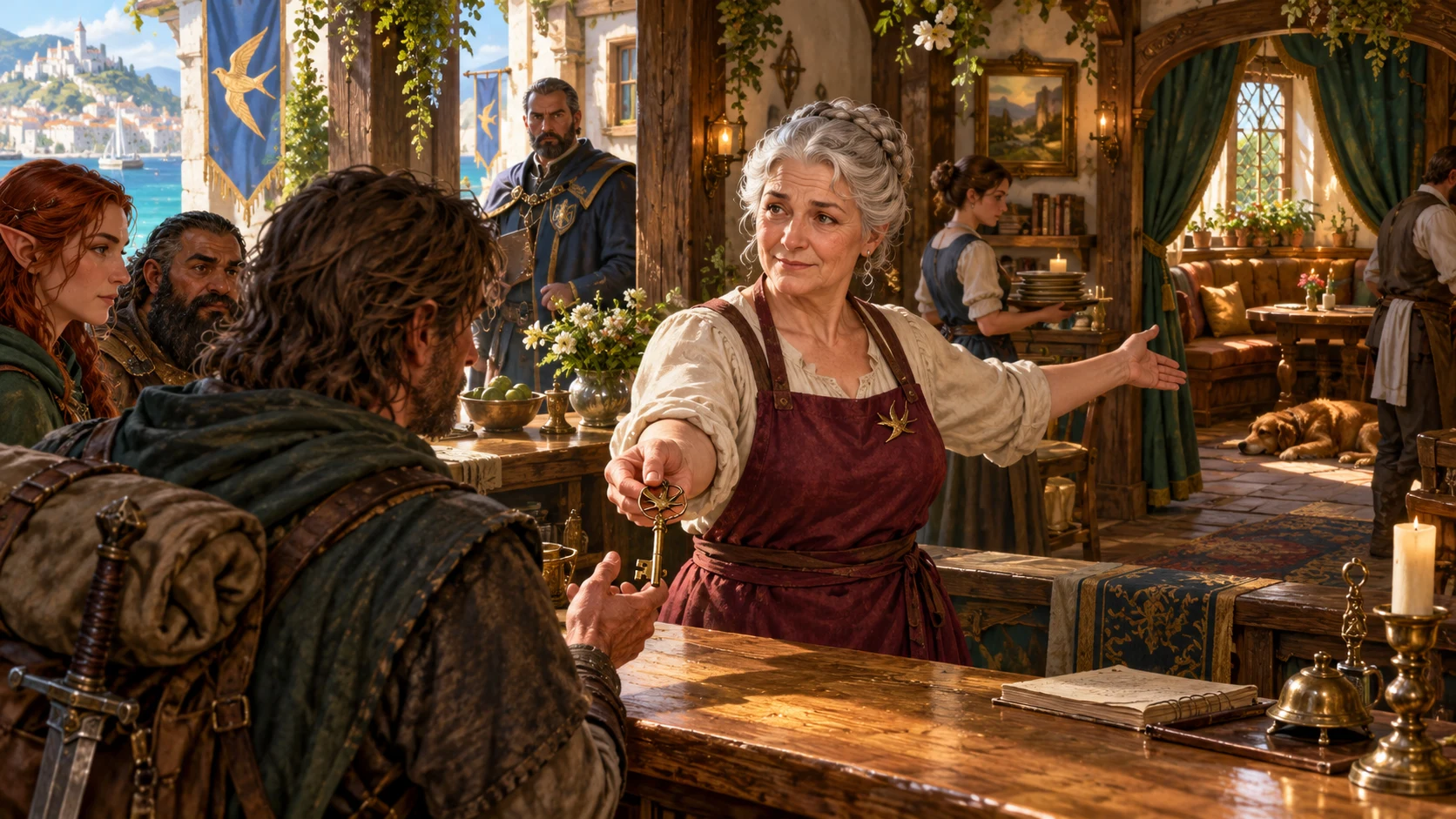 Fantasy illustration of an innkeeper offering a key and a welcoming gesture to travellers