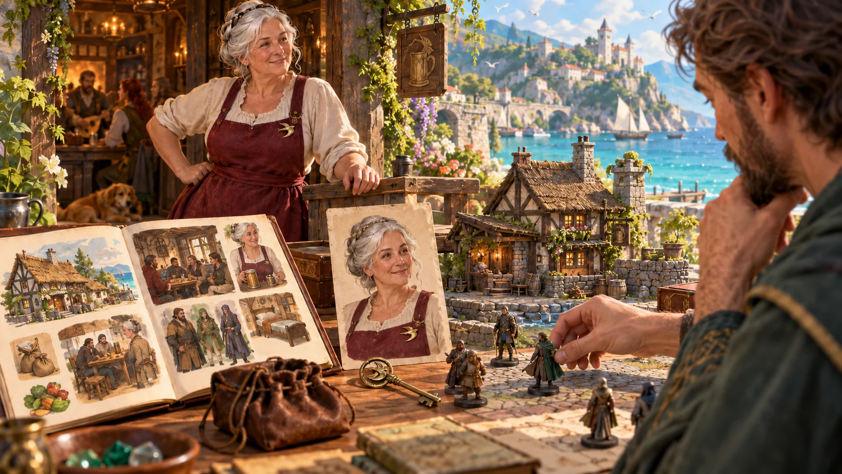 Fantasy illustration of an innkeeper beside a tabletop with character portraits, figurines and an inn model